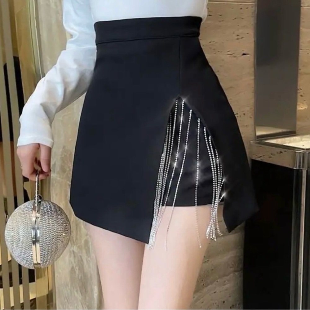 Black Silver Tassle Rhinestone Mini Skirt